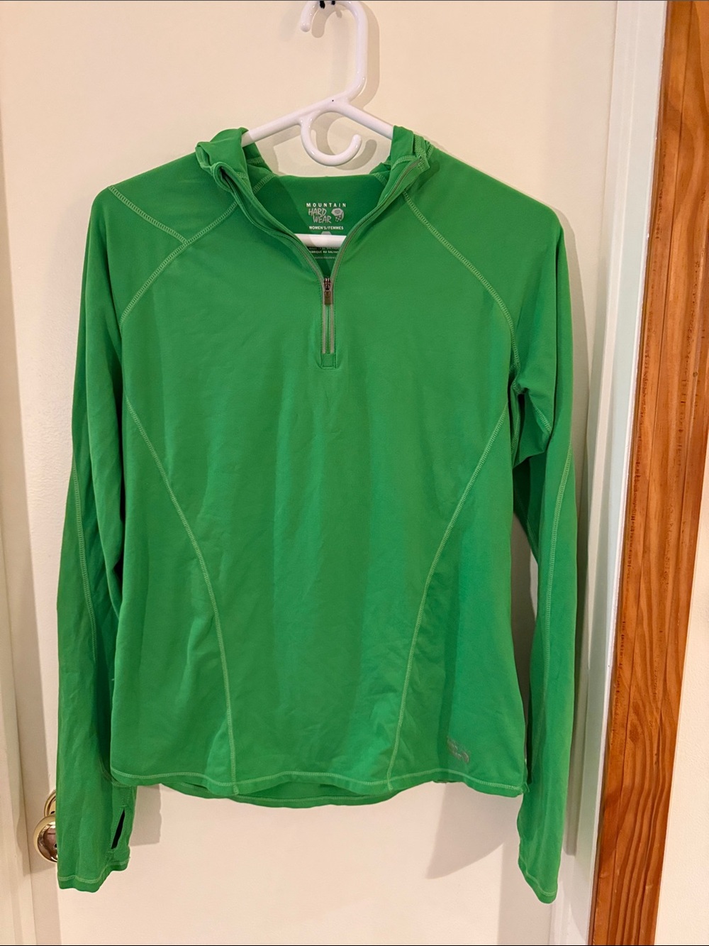 Mountain Hardwear Women's Green 1/4 Zip Hoodie top with zippered key pocket